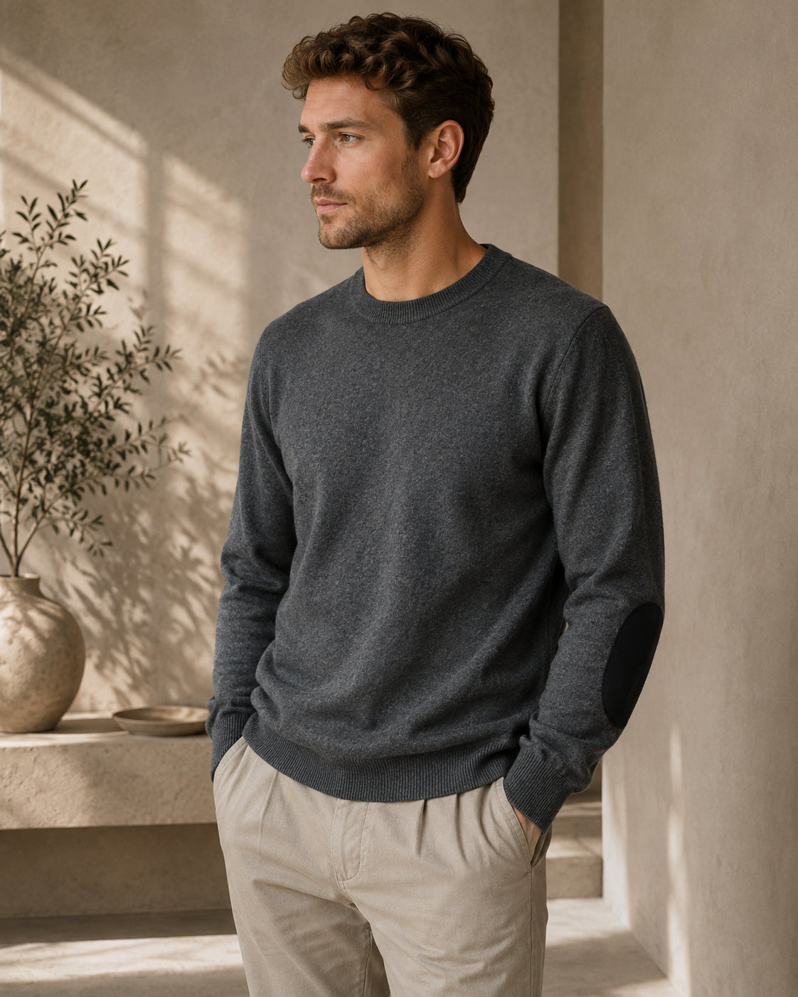 Cashmere Crewneck Pullover Herren Elbow Patches