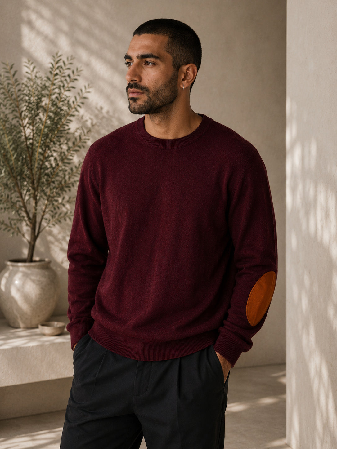 Cashmere Crewneck Pullover Herren Elbow Patches