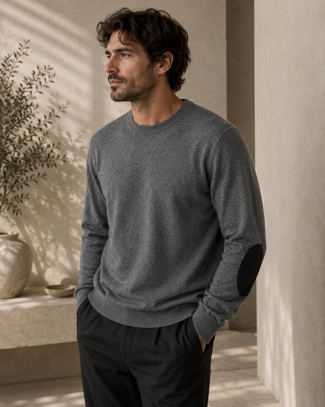 Cashmere Crewneck Pullover Herren Elbow Patches